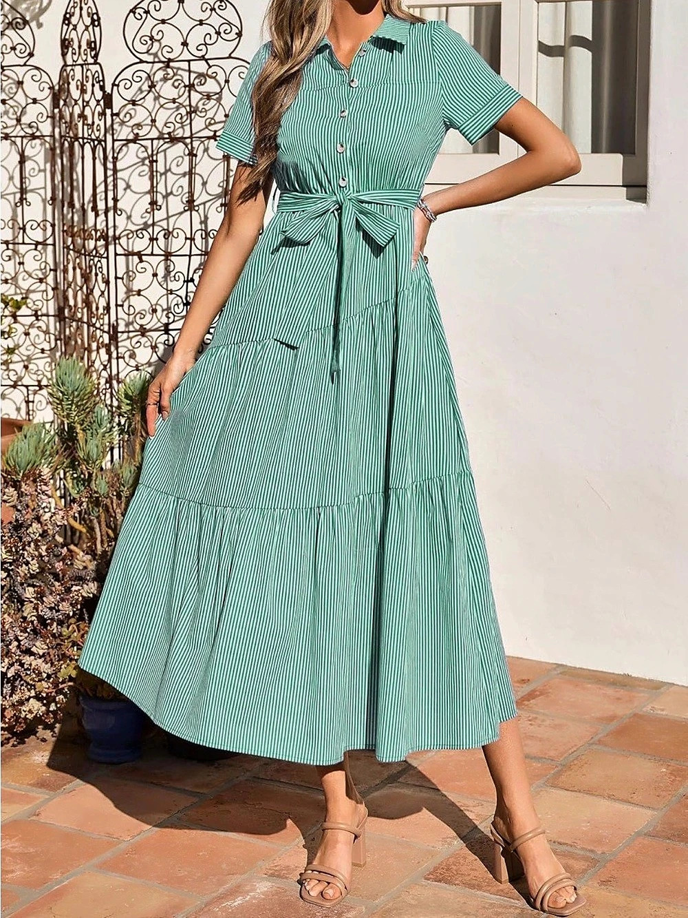 100% Cotton Green Striped Cotton Belted Maxi Dress |  NWT | Size M